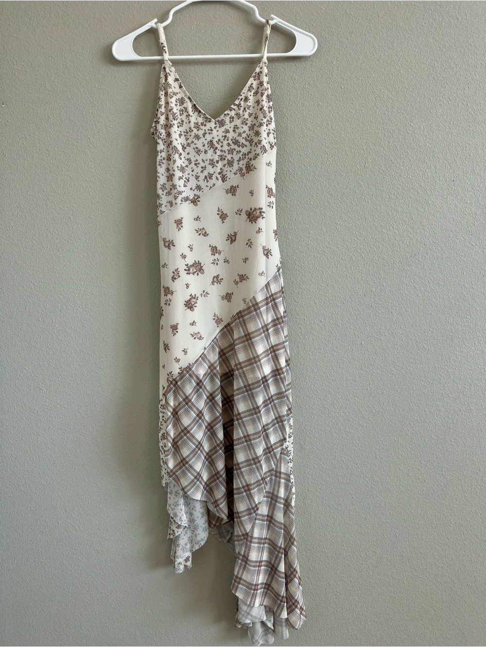 Time and Tru Cream Floral & Taupe Plaid Asymmetrical Slip Dress